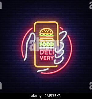 Affiche au néon sur la livraison des aliments. Smartphone en mains, commande de nourriture par smartphone, symbole en style néon, bannière lumineuse, lumière de nuit néon publicité nourriture Illustration de Vecteur