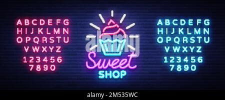 Le logo Sweet Shop est de style néon. Affiche de néon de la boutique de bonbons, bannière lumineuse, publicité de bonbons de nuit au néon lumineux. Modèle de conception pour vos projets. Vecteur Ill Illustration de Vecteur