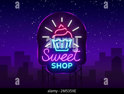 Le logo Sweet Shop est de style néon. Affiche de néon de la boutique de bonbons, bannière lumineuse, publicité de bonbons de nuit au néon lumineux. Modèle de conception pour vos projets. Vecteur Ill Illustration de Vecteur