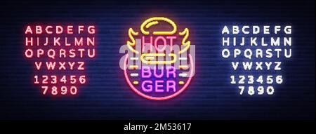 Enseigne au néon Hot Burger. Fastfood hamburger logo néon, bannière, modèle de design, publicité de nuit néon pour le dîner, restaurant, snack bar, rue FO Illustration de Vecteur