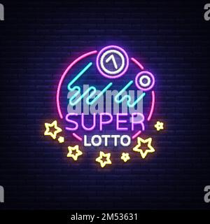 Panneau néon Super loto. Logo lotto de bingo dans un style néon, symbole lumineux, lototron, bannière néon, publicité de nuit lumineuse pour vos projets. Vecteur Illus Illustration de Vecteur