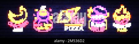 Symboles lumineux au néon pour les aliments. Éléments de conception de la collection, Neon Signs for Food, poulet Meat, Hot Dog Fast Food, Fast Pizza, barbecue, Hot Mexican Food Illustration de Vecteur