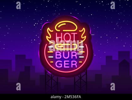 Enseigne au néon Hot Burger. Fastfood Burger sandwich Neon style logo, bannière lumineuse, modèle de design, nuit néon publicité pour les restaurants, café, restaurant, s Illustration de Vecteur