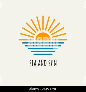 ligne de soleil et de mer logo minimal, icône d'été, paysage marin, soleil et tatouage d'océan, icône de vecteur vintage Illustration de Vecteur