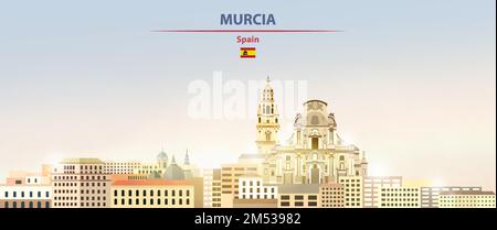 Murcia paysage urbain sur fond de ciel de lever de soleil avec éclat de soleil. Illustration vectorielle Illustration de Vecteur