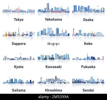 Japon villes gratte-ciel dans les tons froids doux palette de couleurs ensemble de vecteur. Style esthétique de cristal Illustration de Vecteur