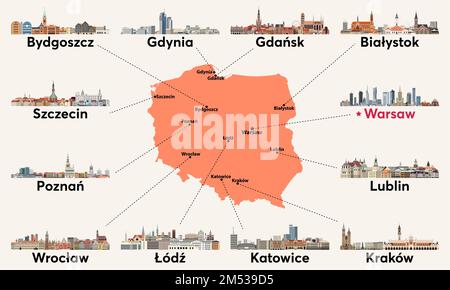 Carte de la Pologne avec les principales lignes de ciel des villes. Illustration vectorielle Illustration de Vecteur