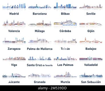Espagne villes gratte-ciel dans les tons froids doux palette de couleurs ensemble de vecteur. Style esthétique de cristal Illustration de Vecteur