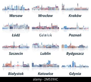 Pologne villes gratte-ciel dans les tons froids doux palette de couleurs ensemble de vecteur. Style esthétique de cristal Illustration de Vecteur