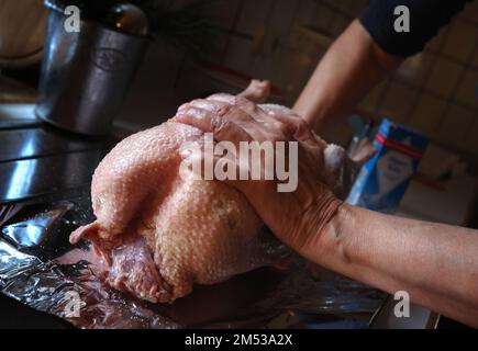Kaufbeuren, Allemagne. 24th décembre 2022. Une femme est en train d'assaisonner une oie de Noël avec du sel dans une cuisine. Credit: Karl-Josef Hildenbrand/dpa/Alay Live News Banque D'Images