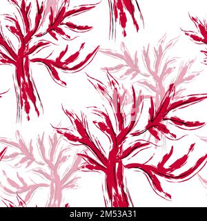 Arbres à motifs naturels sans couture. Arbres magenta déchiquetés. Motif tendance de style japonais. Illustration de Vecteur