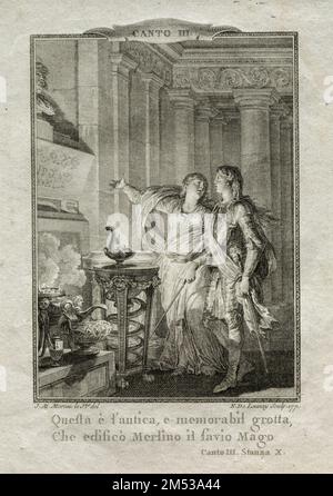 Dans la Grotte de Merlin, le Magicien 1771 Nicolas Delaunay (français, 1739–1792) France, gravure et gravure du 18th siècle Banque D'Images