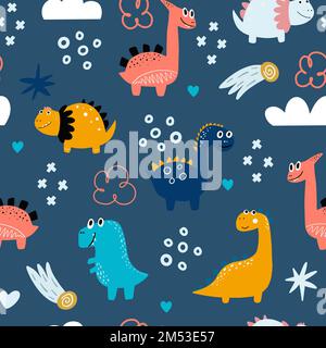 Motif bébé avec dinosaures. Motif vectoriel coloré sans couture à la main pour bébé avec de jolis dinosaures de style scandinave Illustration de Vecteur