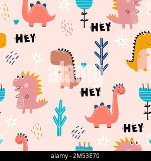 Motif bébé avec dinosaures. Motif vectoriel de couleur sans couture, dessiné à la main, avec de jolis dinosaures, des lettres de style scandinave Illustration de Vecteur