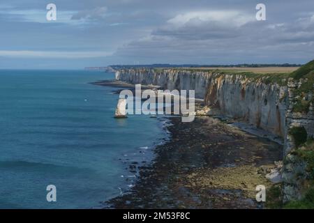 Vue panoramique sur la côte de Teh, avec falaises de craie et formations rocheuses, le jour d'été à Etretat, en Normandie, en France Banque D'Images