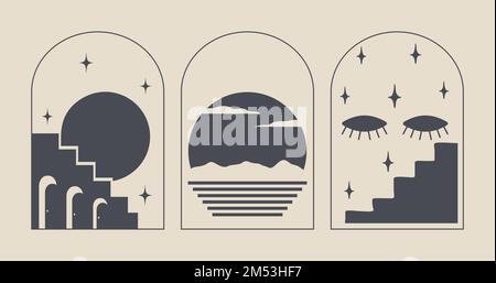 Ensemble de symboles linéaires boho minimaux. Concept céleste. Cadre avec voûte plantaire, soleil, étoiles et éléments lunaires. Illustration de Vecteur