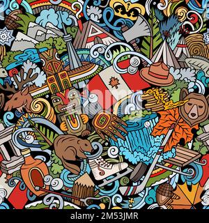 Cartoon doodles Canada seamless pattern. Backdrop with local Canadian culture symbols and items. Colorful background for print on fabric, textile, gre Stock Vector
