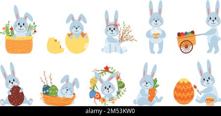 Joli petit lapin de pâques. Dessin de lapins de dessins animés, lapin avec oeuf et fleurs. Chasse aux œufs de Noël, Noël pour les enfants ou vecteur de classe du nouvel an Illustration de Vecteur