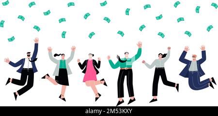 Équipe d'affaires célébrant le succès de la victoire. La pluie d'argent, l'investissement réussi et la croissance d'entreprise. Happy Flat office sapid ouvriers en costumes vecteur Illustration de Vecteur