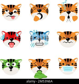 Icônes Tiger ensemble d'émoticônes illustration vectorielle isolée sur fond blanc. Têtes de tigres avec émoticônes, collection de personnages de dessins animés. Dessin animé tête d'animaux mignons avec expression faciale Illustration de Vecteur