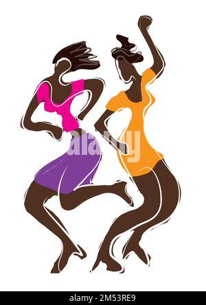 Danseuse disco, filles noires attirantes. Illustration colorée expressive de deux femmes dansantes. Isolé sur fond blanc. Vecteur disponible. Illustration de Vecteur