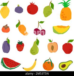 Collection de fruits stylisés - pomme, poire et pastèque, cerise et fraise, melon et pêche et autres. Illustration vectorielle. Illustration de Vecteur