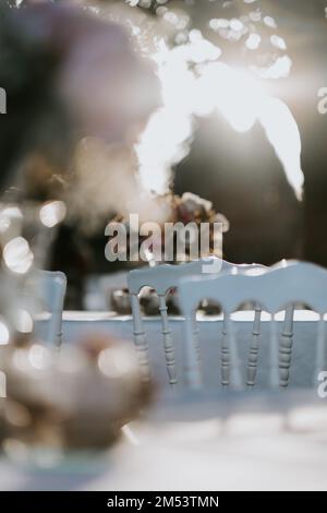 Chaises blanches disposées dans le jardin pendant le mariage tables décorées avec soin à l'extérieur Banque D'Images