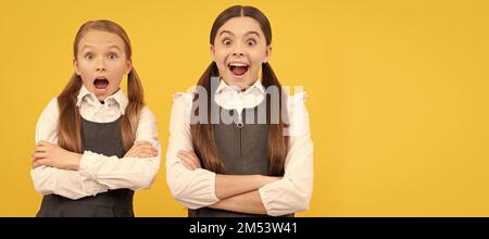 Filles d'école amis. Apprenez avec surprise. Les enfants surpris gardent les bras croisés. Portrait de l'élève d'une écolière, en-tête de bannière de studio. Enfant de l'école Banque D'Images