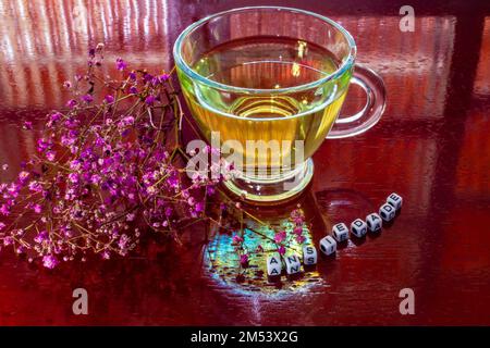 Goiania, Goiás, Brésil – 25 décembre 2022: Une tasse de verre avec thé, sur la table brillante, avec le mot 'anxiété' écrit avec des pièces et des fleurs. Banque D'Images