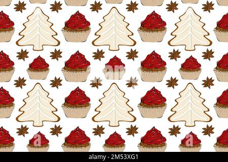 Motif Seamles avec tasses à café, épices et biscuits. Collection de Noël, illustration du dessin à la main. Banque D'Images