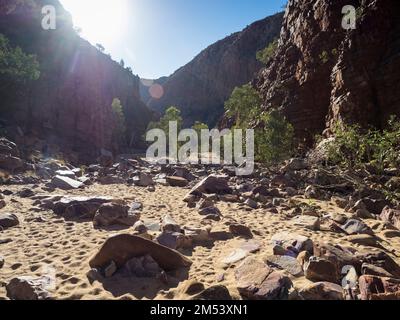 Empreintes de pas dans le sable de la gorge d'Ormiston, parc national de West Macdonnell (Tjoritja), territoire du Nord, Australie Banque D'Images