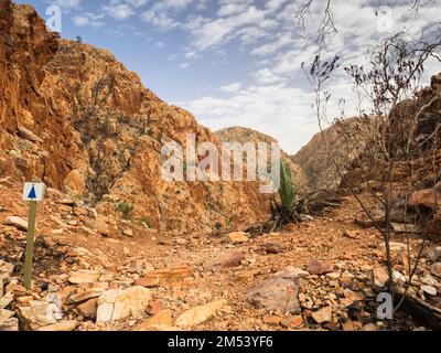 Marqueur de piste sur un passage sur la section 3 du sentier Larapinta, parc national West Macdonnell (Tjoritja). Banque D'Images