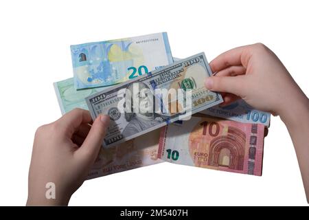 arrière-plan des devises étrangères. Argent de différents pays: Dollars, euros. Euro, dollar, billets isolés sur fond blanc. Espèces. Le co Banque D'Images