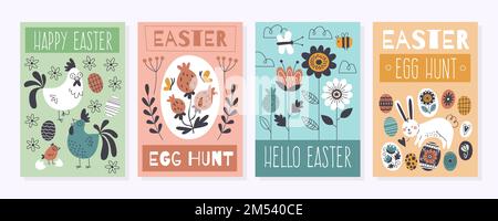 Cartes de félicitations de pâques amusantes. Collection d'affiches joyeuses fêtes de printemps, lapins et poulets mignons, fleurs dessinées à la main et feuilles décoratives, œufs Illustration de Vecteur