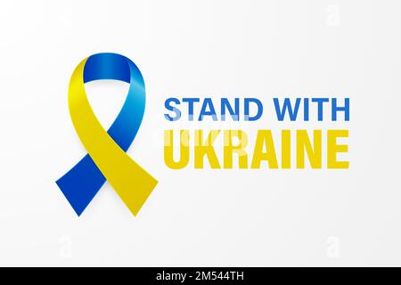 Tenez-vous avec l'Ukraine. Appel anti-guerre avec le petit bol de la paix avec ruban de soie bleu et jaune. Couleurs des drapeaux ukraniens. Lutte, protestation, soutien à l'Ukraine Illustration de Vecteur