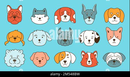 Jeu de caractères de contour de dessin animé d'émotion de visages de chien. Souriant drôle chien chiche chien, bébé bande dessinée plat autocollant. Mignon chiot kawaii tête muzzle doodle icône. Modèle d'illustration pour carte enfant, affiche, couverture Illustration de Vecteur