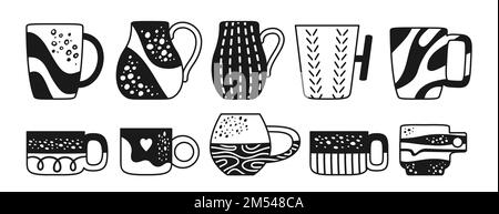 Tasse mug tendance motif et formes différents ensemble de gravure. Vaisselle de table en céramique faite pour un style noir et blanc. Thé café boissons thé. Porcelaine tasses mugs taches, à pois ornement vecteur Illustration de Vecteur