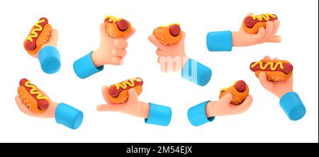 Hot dog à main, encas américain avec saucisse, petit pain au sésame et moutarde. Concept de restauration rapide, pique-nique avec homme main avec hot dog dans différentes vues, 3D rendu illustration Banque D'Images