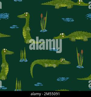 Motif crocodile sans couture amusant. Illustration texturée dessinée à la main avec de jolis animaux sauvages, de l'eau et des plantes sur fond vert foncé. Banque D'Images