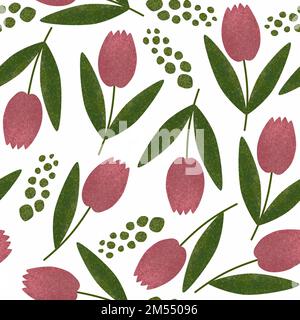 Motif tulipe sans coutures. Fond floral avec fleurs roses texturées dessinées à la main, feuilles et branches sur fond blanc. Joli motif infini. Banque D'Images