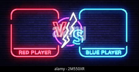 Par rapport à l'écran dans un style néon. L'annonce de bannière néon deux combattants. Blue Neon futuriste contre les feuilles. Jeu de match contre la concurrence, martial battl Illustration de Vecteur