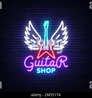 Boutique de guitare signe de néon vecteur. Modèle de design Guitar Store logo en style néon, bannière lumineuse, panneau lumineux de nuit néon, emblème pour le magasin avec musica Illustration de Vecteur