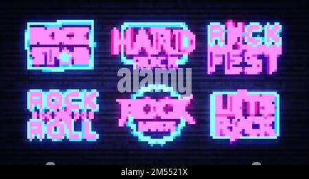 Rock Music Neon Signs Collection Vector. Modèle de design de panneau néon sur Rock Music, bandeau lumineux, Bright Night Advertising, éléments de design pour Roc Illustration de Vecteur