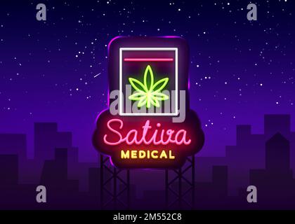 Marijuana Medical logo Neon Vector. Sativa Medical, tabagisme de marijuana, stockage et culture de l'équipement médical de cannabino, bannière légère, design te Illustration de Vecteur