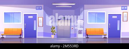 Couloir intérieur de l'hôpital, hall de la clinique médicale. Illustration vectorielle d'un couloir d'attente vide à l'hôpital avec chaises, portes vers les quartiers, refroidisseur d'eau et ascenseur Illustration de Vecteur