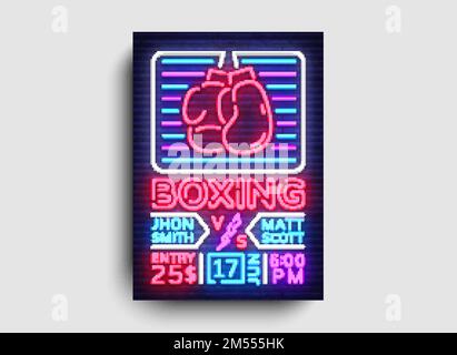 Poster de boxe vecteur néon. Modèle de design de nuit de boxe, brochure néon brillant, design tendance moderne, bannière légère, invitation typographique à la boxe Illustration de Vecteur