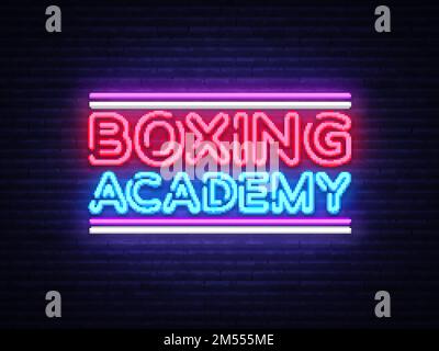 Vecteur de panneaux néon de l'Académie de boxe. Texte de boxe modèle de design enseigne néon, bannière lumineuse, panneau néon, publicité lumineuse nocturne, inscription légère. Illustration de Vecteur
