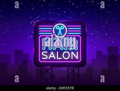 Modèle de conception de vecteur de signe de salon de coiffure. Coiffure logo néon, élément de conception de bannière clair coloré design moderne tendance, nuit publicité lumineuse, soupir Illustration de Vecteur