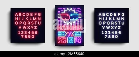 Modèle de conception de la circulaire de boxe. Banner de lumière de nuit de boxe, Design invitation de match de boxe, style Neon, Bright Brochure, Typographie, Bright Neon Annontis Illustration de Vecteur