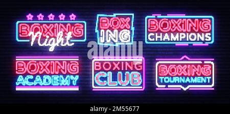 Vecteur de collection de panneaux néon de boxe. Texte de nuit de boxe modèle de design enseigne néon, bannière lumineuse, panneau néon, publicité lumineuse nocturne, insc lumière Illustration de Vecteur